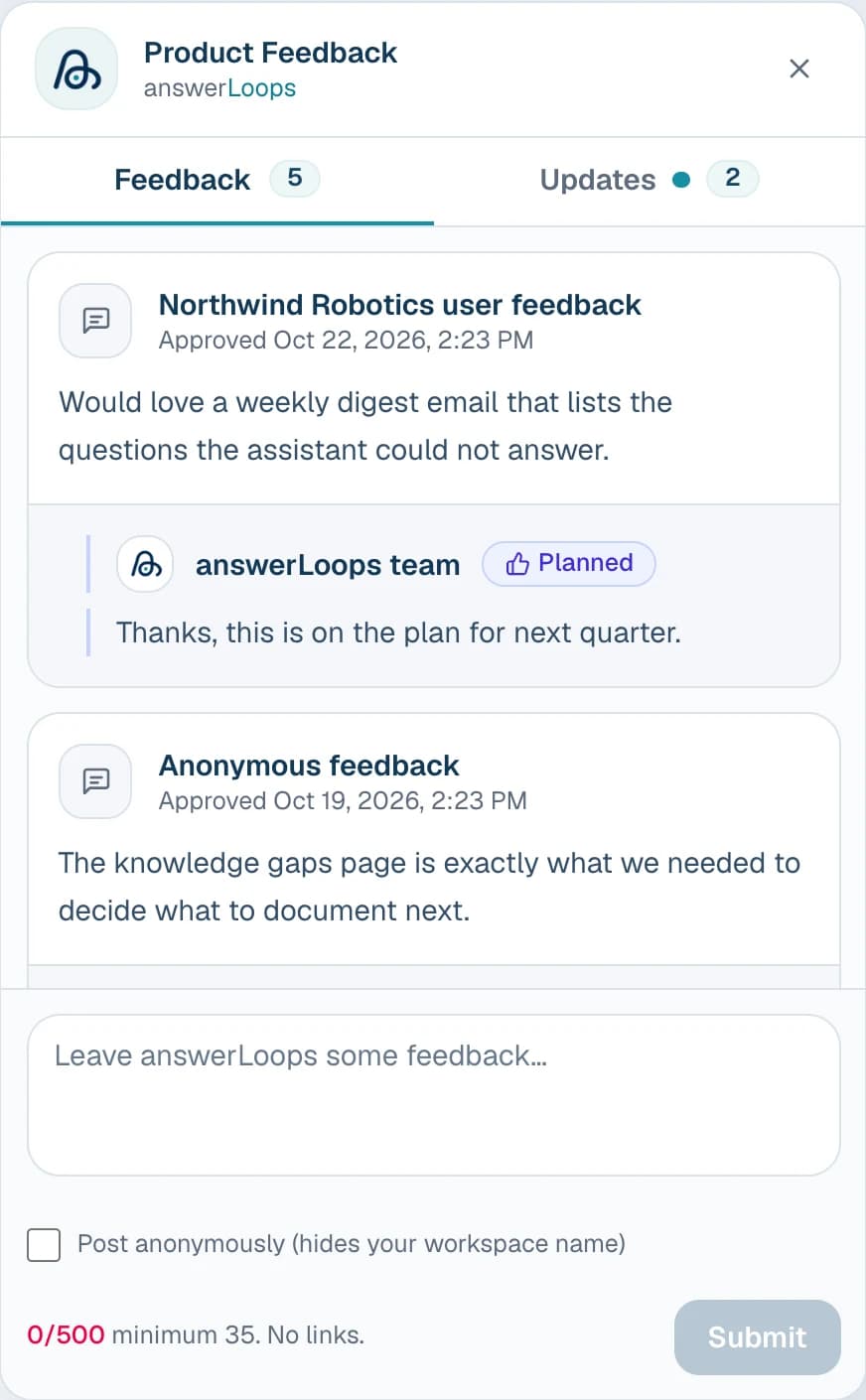The product feedback board: a Feedback tab listing submitted ideas with a team reply, an Updates tab, and a box to leave feedback.